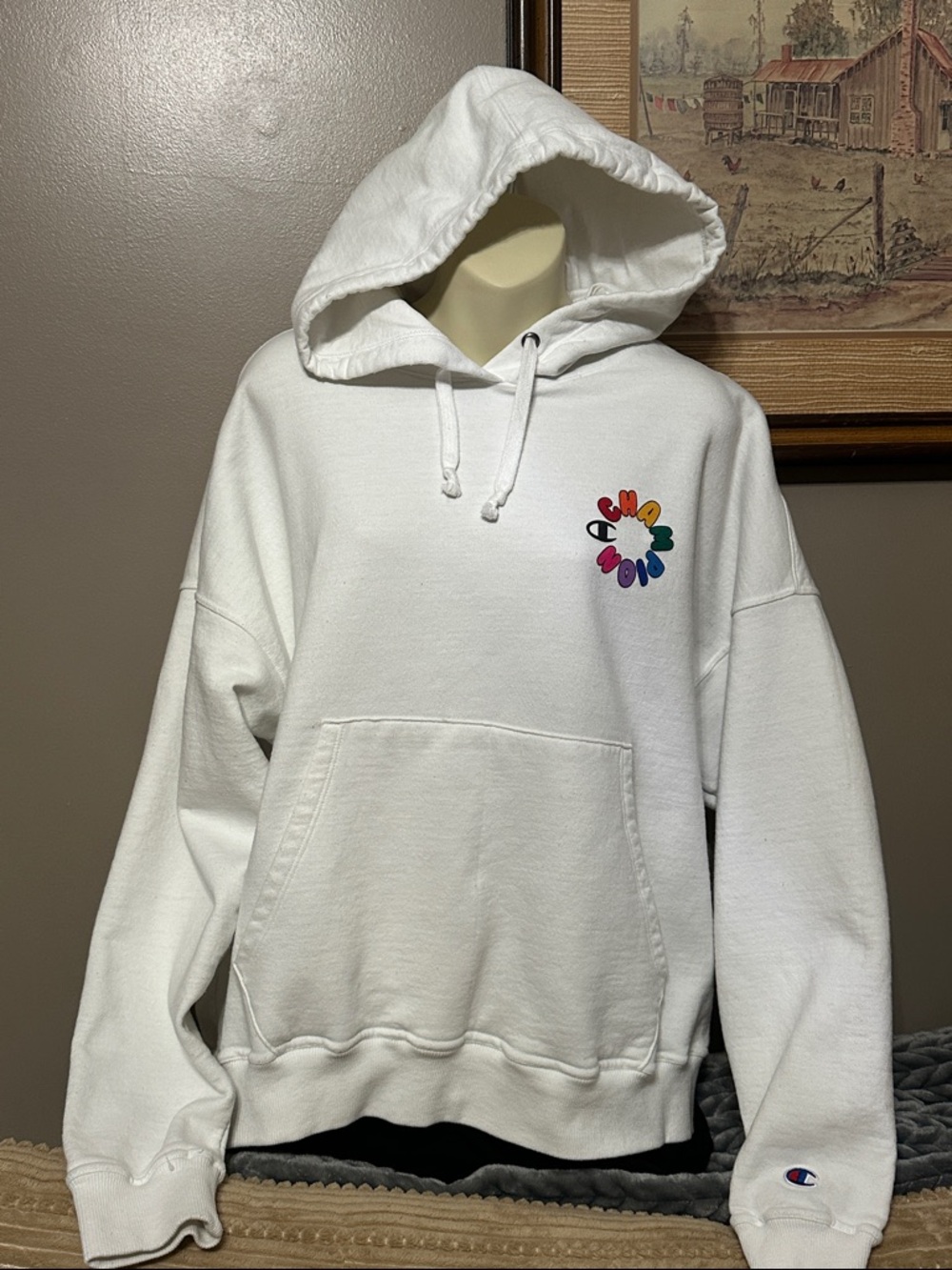 Champion White Hoodie with Rainbow Chest Emblem XL